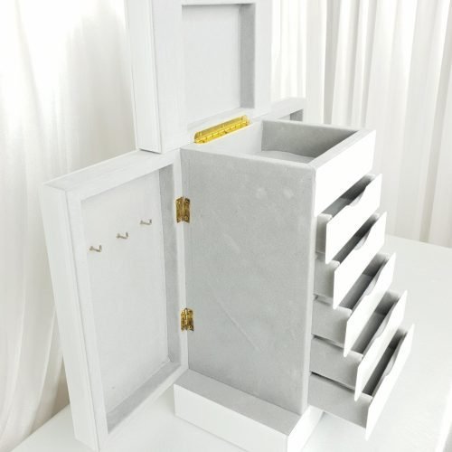 Jewellery Box 5 Drawers & Side Doors - White Glass