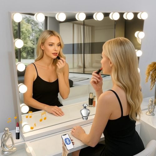 7seas® Vanity Premiere Pro Audio – Frameless Hollywood Mirror with LED Lights & Bluetooth (66×58 cm)