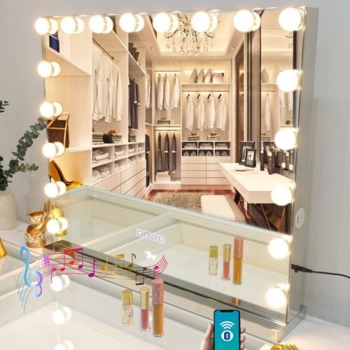 7seas® Vanity Lite Pro Plus Audio (Chrome) – Frameless Hollywood Mirror with LED Lights & Bluetooth (66×58 cm)