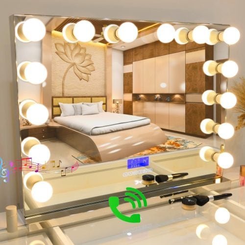 7seas® Vanity Premiere Pro Max Audio (Chrome) – Frameless Hollywood Mirror with LED Lights & Bluetooth (80×63 cm)