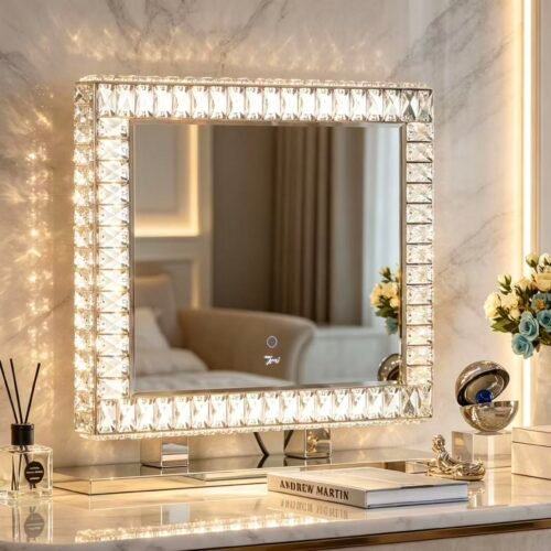 7seas® CRYSTAL ELITE™ Hollywood Vanity Mirror 66 × 56cm Mirror Size, Luxury Crystal Frame, Touch Control, 3 Colour LED Lighting, USB, USB Type-C & UK Socket, Tabletop or Wall Mounted
