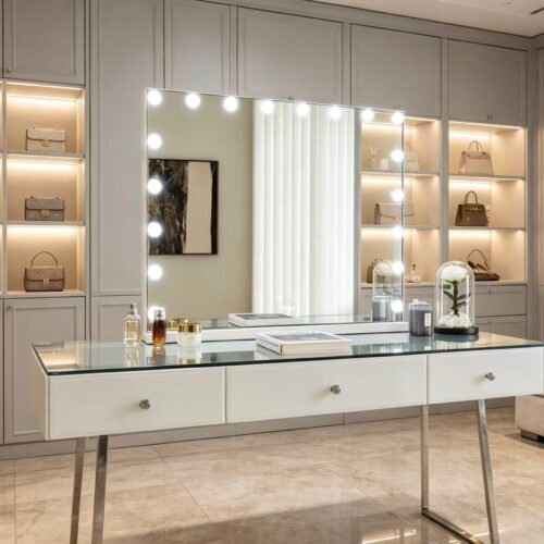 7seas® MONARCH™ AUDIO Hollywood Vanity Mirror 80 × 63cm with 18 LED Lights, Bluetooth Speakers, Touch Control, USB & USB Type-C Charging, Tabletop or Wall Mounted – White