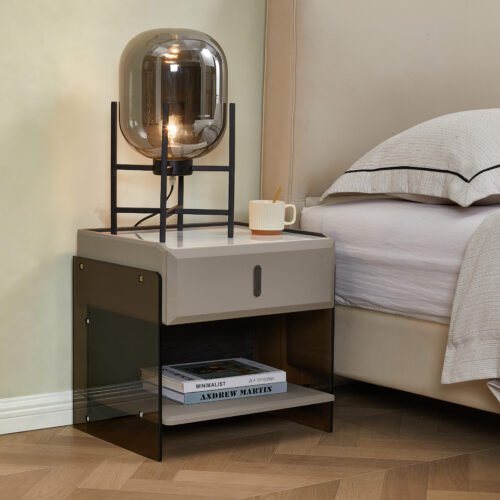 7seas® LUXE NOVA™ Modern Bedside Table with Smoked Acrylic Side Panels, Storage Drawer & Open Shelf | Contemporary Designer Nightstand | 48 × 39 × 46.5cm