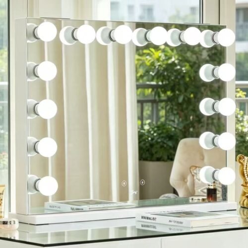 7seas® GLOW PRO AUDIO™ Hollywood Vanity Mirror 80 x 63cm with 14 Replaceable E27 LED Lights, Bluetooth Speakers, USB, USB Type-C & UK 3-Pin Socket, Touch Control, Tabletop & Wall Mounted – White