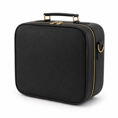 7seas® VOYAGE LUXE™ LED Makeup Travel Case with Touch LED Mirror, 3 Colour Lighting, Adjustable Dividers, Shoulder Strap & Luggage Sleeve – Black | 26 × 23 × 12cm