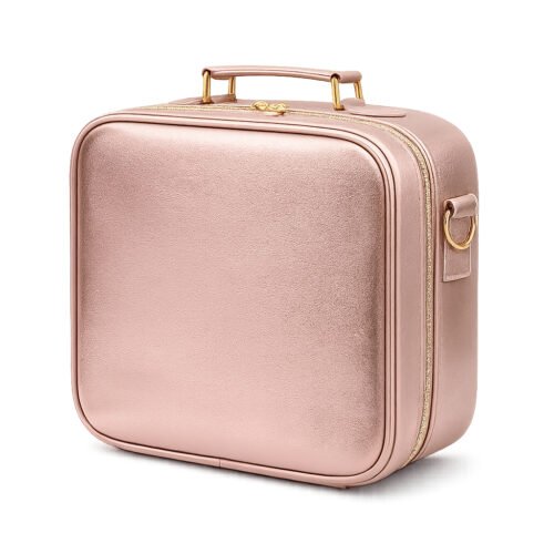 7seas® VOYAGE LUXE™ Metallic LED Makeup Travel Case with Touch LED Mirror, 3 Colour Lighting, Adjustable Dividers, Shoulder Strap & Luggage Sleeve – Rose Gold | 26 × 23 × 12cm