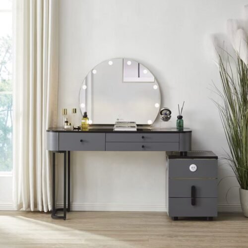 7seas® AURA™ Studio Contemporary Luxury Vanity Station with Oval Hollywood LED Mirror, SmokeView™ Worktop, Bluetooth Speaker, Illuminated Display Drawer, USB-C Charging & Copper-Free Mirror – Graphite Grey