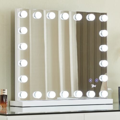 7seas® STARLIGHT AUDIO™ Hollywood Vanity Mirror 56 x 48cm with 22 LED Lights, Bluetooth Speakers, Touch Control, USB & USB Type-C Charging, Tabletop & Wall Mounted – White