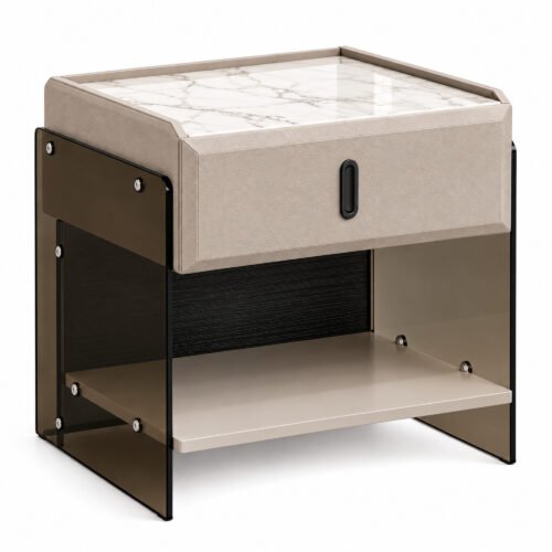7Seas® Luxe Nova™ Modern Bedside Table With Smoked Acrylic Side Panels, Storage Drawer &Amp; Open Shelf | Contemporary Designer Nightstand | 48 × 39 × 46.5Cm