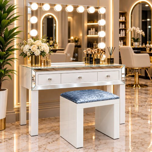 | 7Seas® Luxury Vanity Collection Uk 7Seas® Manhattan White Glass Stool – Grey Velvet Seat