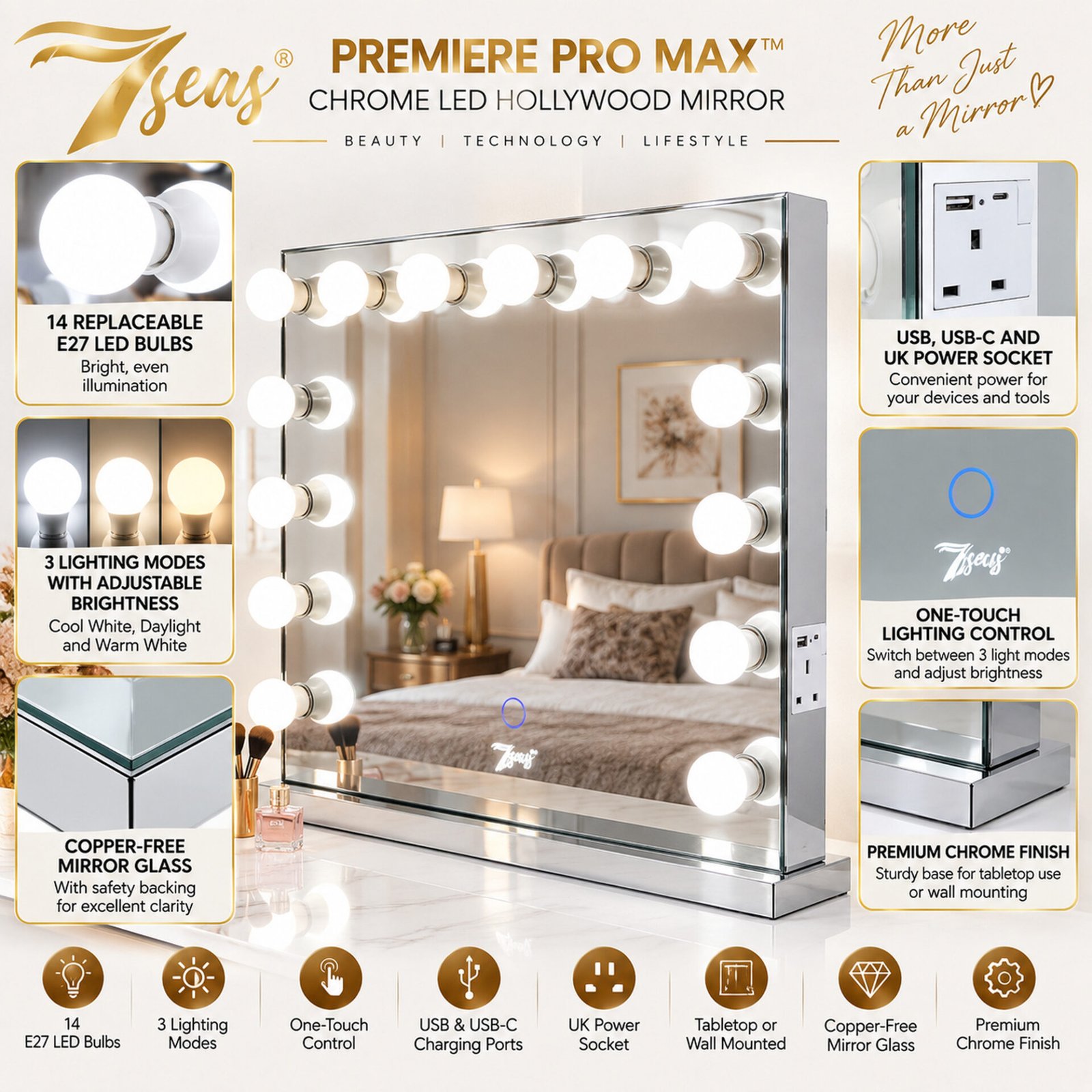 7Seas® – Luxury Hollywood Vanity Mirror &Amp; Dressing Table – Premium Led Lighting – Uk