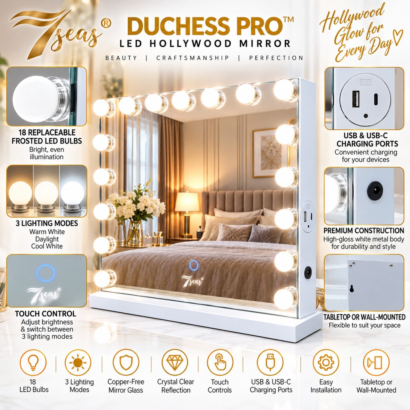 7Seas® – Luxury Hollywood Vanity Mirror &Amp; Dressing Table – Premium Led Lighting – Uk