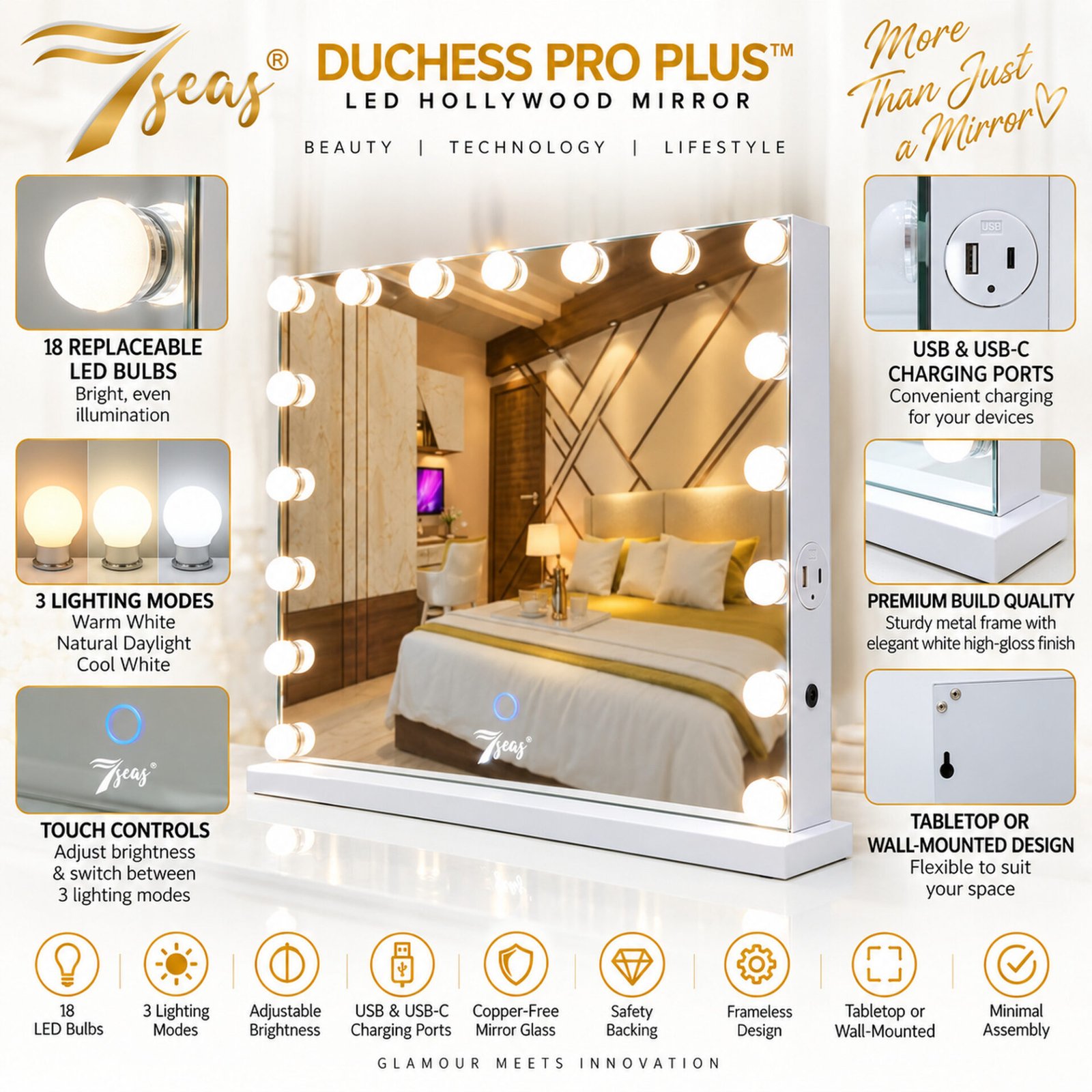 7Seas® – Luxury Hollywood Vanity Mirror &Amp; Dressing Table – Premium Led Lighting – Uk