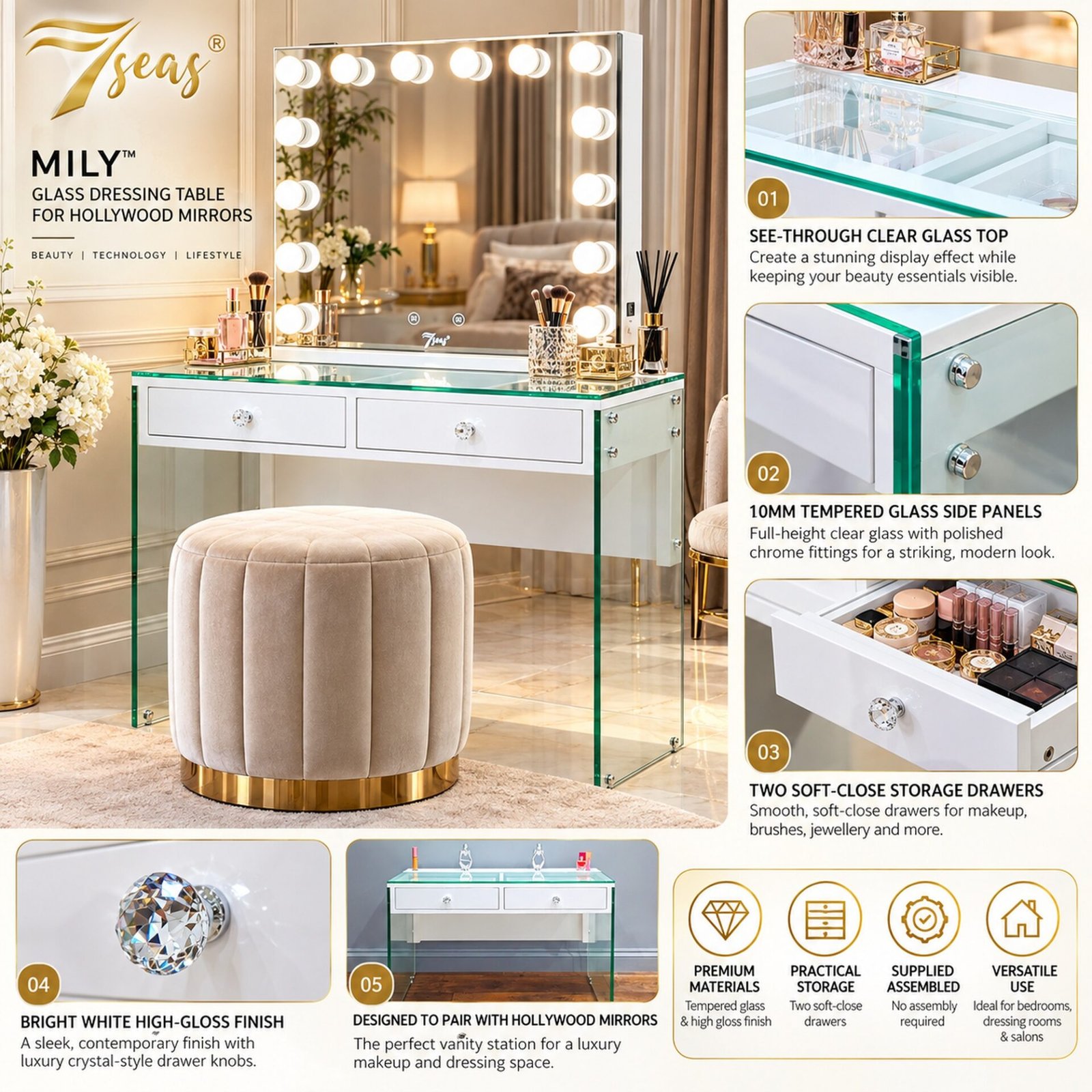 7Seas® – Luxury Hollywood Vanity Mirror &Amp; Dressing Table – Premium Led Lighting – Uk