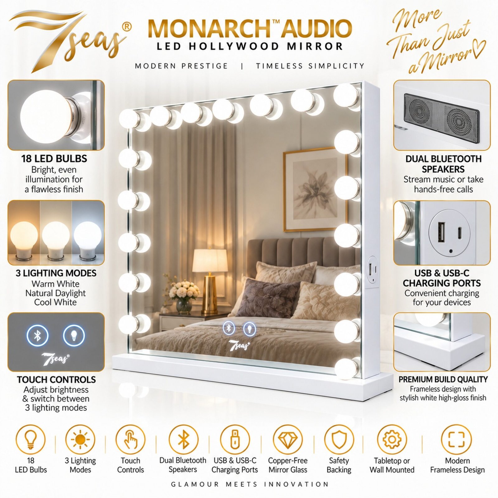 7Seas® – Luxury Hollywood Vanity Mirror &Amp; Dressing Table – Premium Led Lighting – Uk