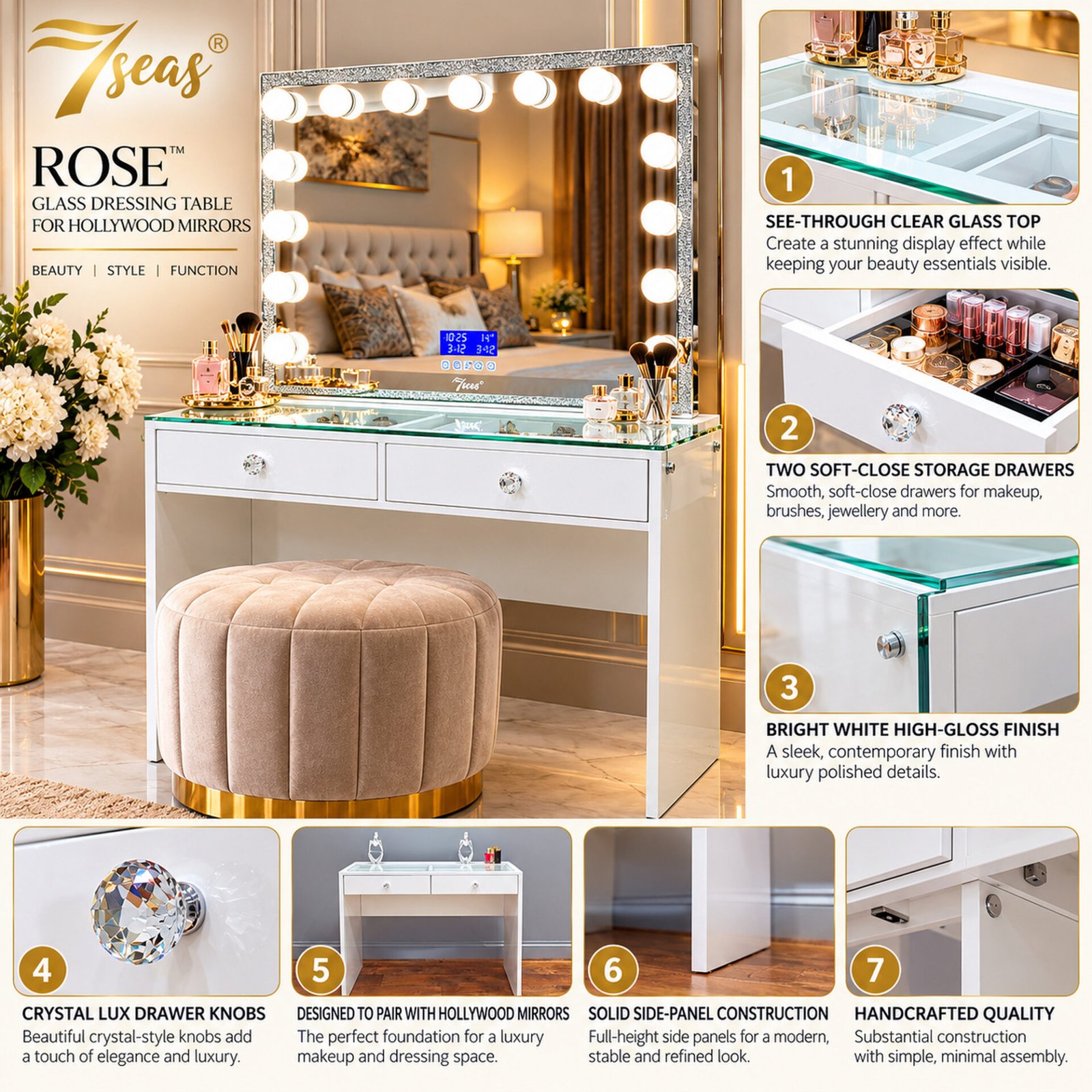 7Seas® – Luxury Hollywood Vanity Mirror &Amp; Dressing Table – Premium Led Lighting – Uk