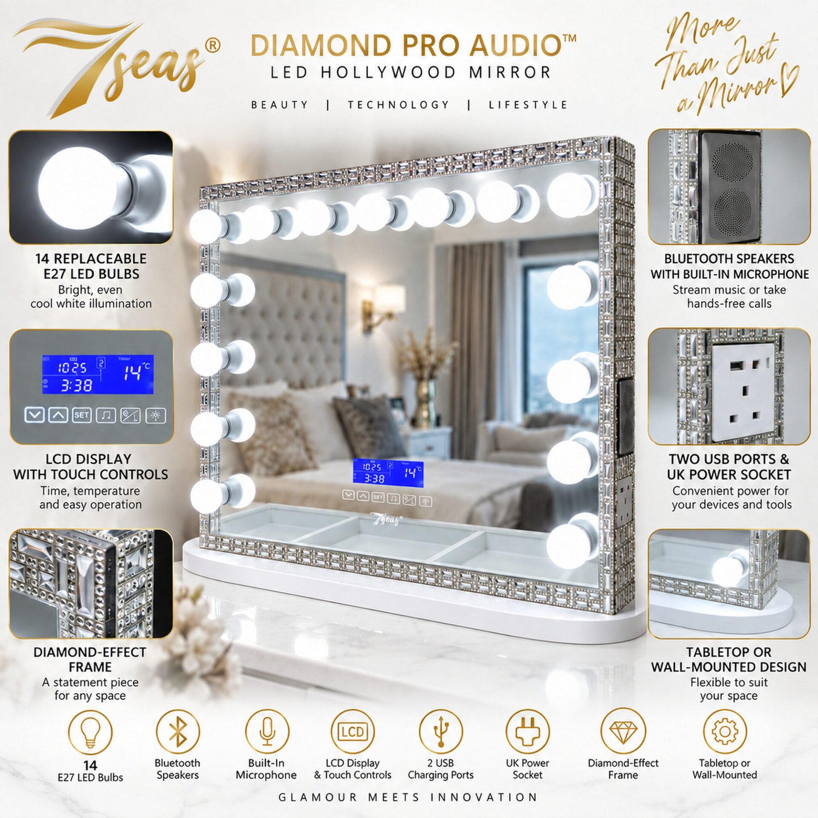 7Seas® – Luxury Hollywood Vanity Mirror &Amp; Dressing Table – Premium Led Lighting – Uk