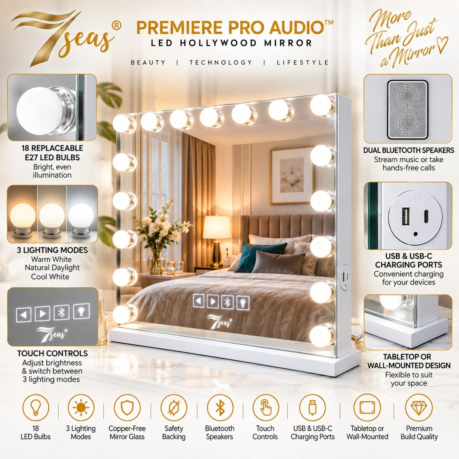 7Seas® – Luxury Hollywood Vanity Mirror &Amp; Dressing Table – Premium Led Lighting – Uk