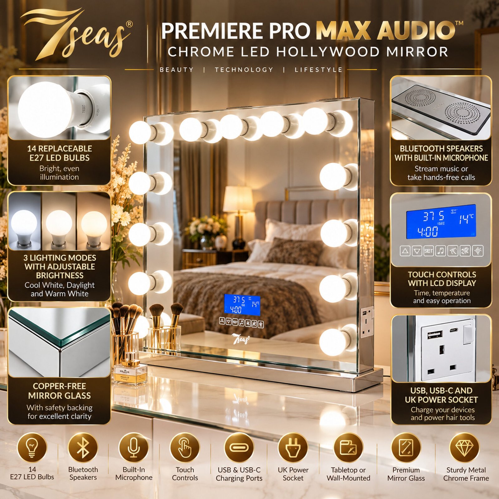 7Seas® – Luxury Hollywood Vanity Mirror &Amp; Dressing Table – Premium Led Lighting – Uk