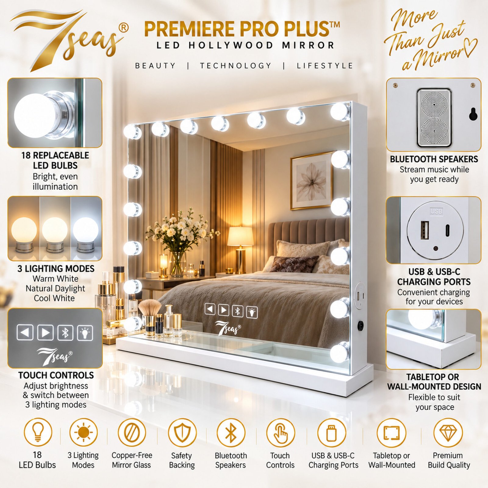 7Seas® – Luxury Hollywood Vanity Mirror &Amp; Dressing Table – Premium Led Lighting – Uk