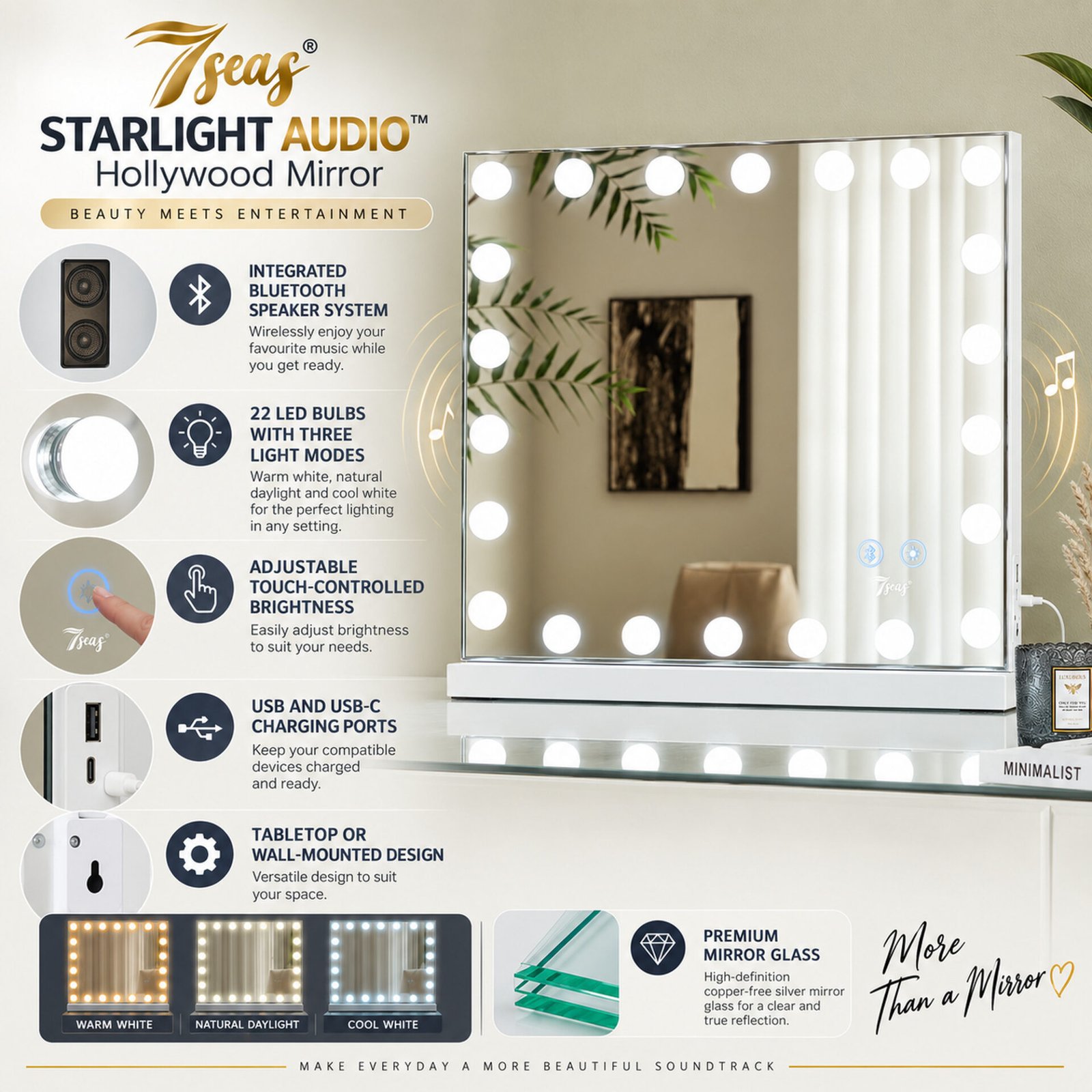 7Seas® – Luxury Hollywood Vanity Mirror &Amp; Dressing Table – Premium Led Lighting – Uk