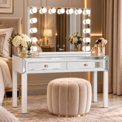 | 7Seas® Luxury Vanity Collection Uk 7Seas® Juliette Mirrored Vanity Table – White Glass Finish
