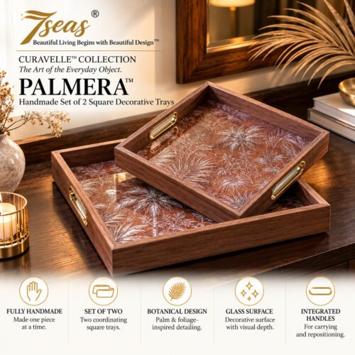 7seas® CURAVELLE™ — PALMERA™ Handmade Set of 2 Square Decorative Serving Trays | Botanical Design & Glass Surface