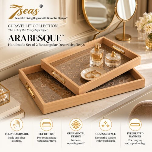 7seas® CURAVELLE™ — ARABESQUE™ Handmade Set of 2 Rectangular Decorative Serving Trays | Ornamental Design & Glass Surface