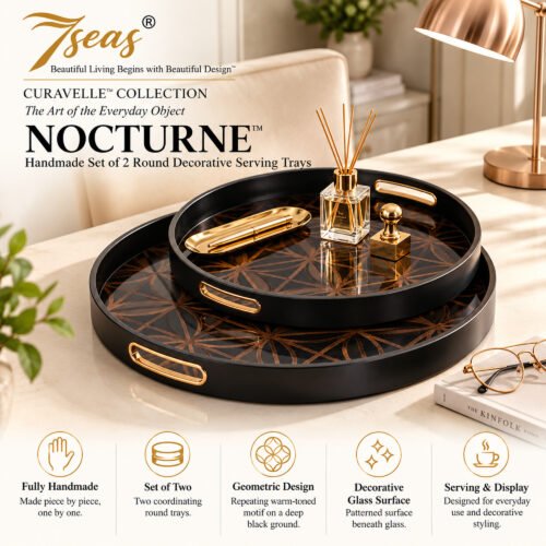 7seas® CURAVELLE™ — NOCTURNE™ Handmade Set of 2 Round Decorative Serving Trays | Geometric Design & Glass Surface