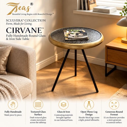 7seas® SCULVERA™ — CIRVANE™ Fully Handmade Round Glass & Iron Side Table