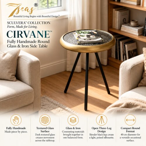 7seas® SCULVERA™ — CIRVANE™ Fully Handmade Round Glass & Iron Side Table