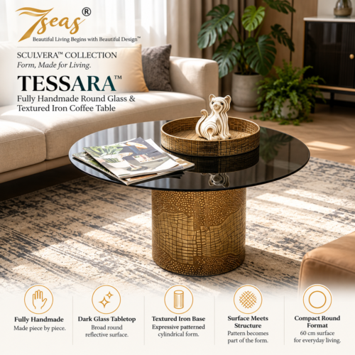 7seas® SCULVERA™ — TESSARA™ Fully Handmade Round Glass & Textured Iron Coffee Table